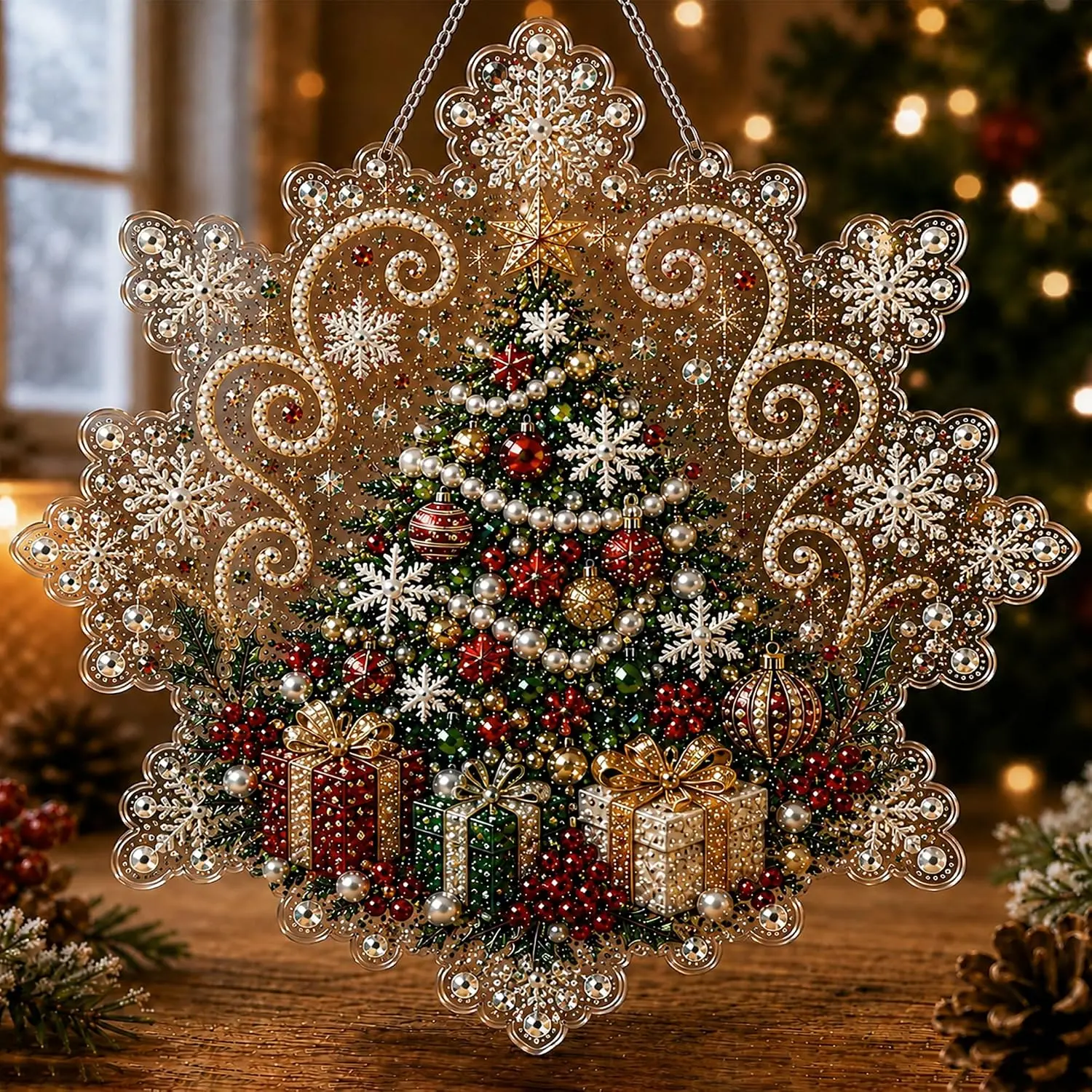 Christmas Pearl Diamond Painting Suncatcher Kit, DIY Craft | Pre-Assembled Metal Chain, Acrylic Snowflake Shape Board with Lace Edge, 3D Mixed-Sized Pearl Beads Craft (Size: 8IN)