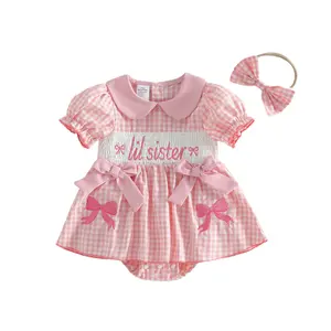 Newborn Baby Girl Summer Dress Plaid Short Puff Sleeve Doll Collar Romper Letter Embroidery Dresses Headband Infant Baby Summer Outfit