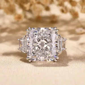 Louily Jewelry 12.0CT Radiant Cut Engagement Ring,5A Cubic Zirconia CZ 925 Sterling Silver Big 3-Stone Wedding Ring