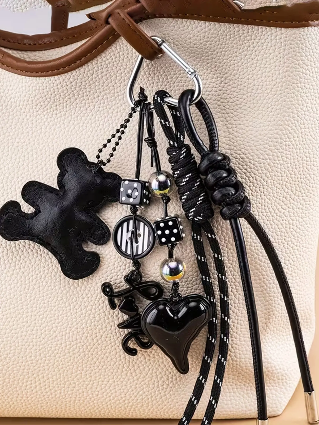 Pu Leather Teddy Bear Bag Pendant, Bear Charm, Handbag Charms, Charms For Purses, Purse Charms For Handbags, Mixed With Dice, Hearts, And Bead Combinations, Bag/Handbag Hanging Accessories, Purse Accessories, Suitable As Small Gifts