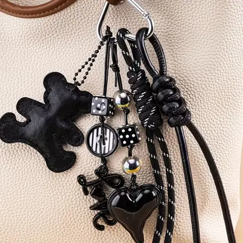 Pu Leather Teddy Bear Bag Pendant, Bear Charm, Handbag Charms, Charms For Purses, Purse Charms For Handbags, Mixed With Dice, Hearts, And Bead Combinations, Bag/Handbag Hanging Accessories, Purse Accessories, Suitable As Small Gifts