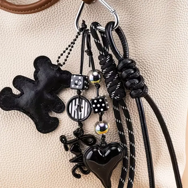 Pu Leather Teddy Bear Bag Pendant, Bear Charm, Handbag Charms, Charms For Purses, Purse Charms For Handbags, Mixed With Dice, Hearts, And Bead Combinations, Bag/Handbag Hanging Accessories, Purse Accessories, Suitable As Small Gifts
