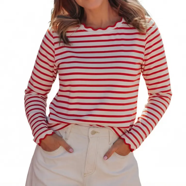 Asvivid Women's Striped Long Sleeve Top Cotton Scalloped Trim Round Neck T Shirt Casual Basic Going Out Stripe Basic T-Shirt Cute Tee Tops for Spring Fall Fashion #sohochic