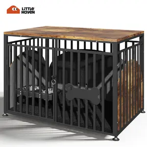 LITTLE HAVEN Solid Wood Dog Crate - Modern End Table Kennel, Built-in Bowls, Decorative Pet House for Medium to Large Dogs