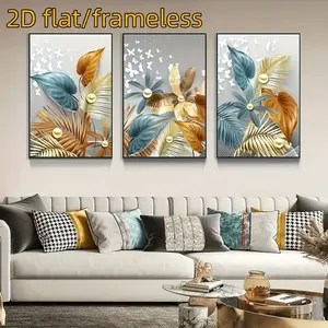 3 pieces of modern style gold foil flower wall art canvas paintings, ideal decoration for bedrooms, living rooms, corridors 2D flat printing frameless paintings