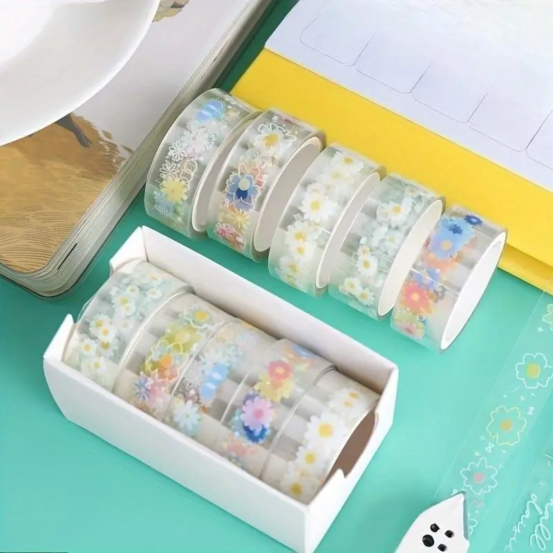 5 Rolls Transparent Decorative Tape, PET Waterproof Self-Adhesive Flower Daisy Pattern Decorative Masking Sticker, Clear Tape For DIY Scrapbooking, Crafts, Gift Wrapping, Easter Handwork, Stickers For Scrapbooking