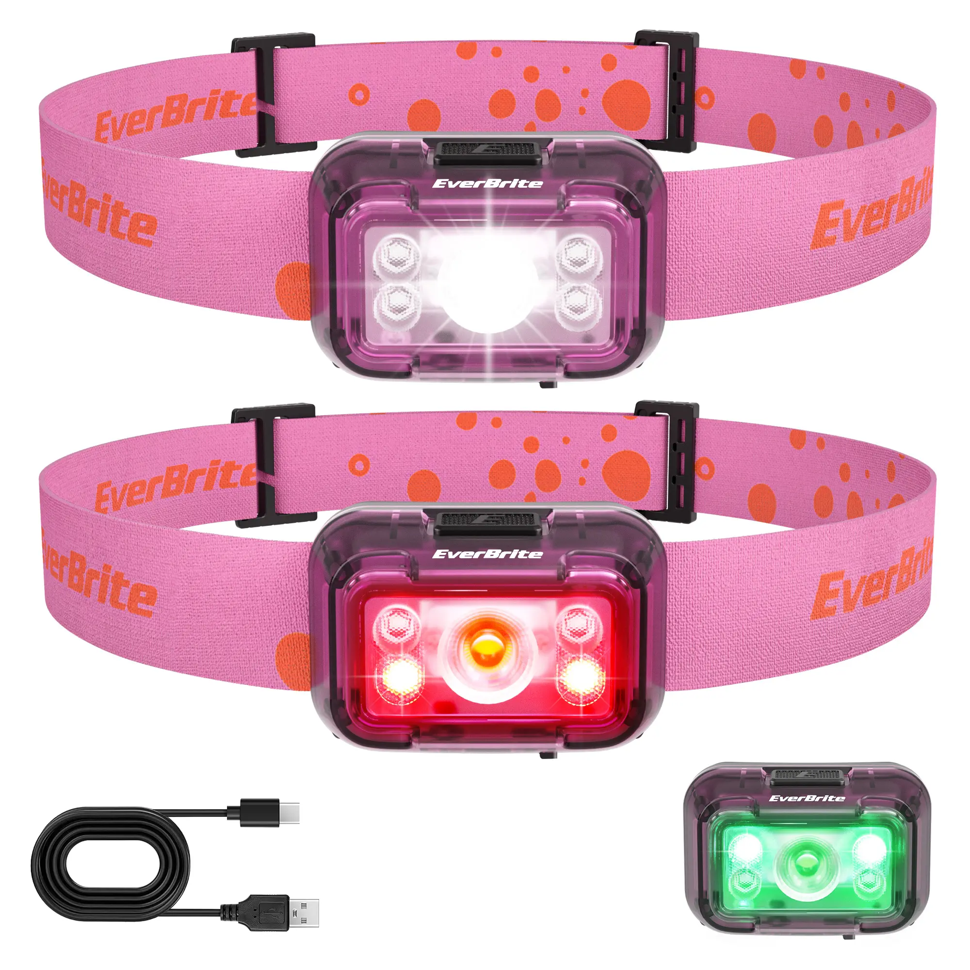 #summersale EverBrite Rechargeable Headlamp, 2 Pack Kids Headlamp with White/Red/Green Light and Memory Function, Head Lamp for Adult and Kid with 5 Modes, 120° Adjustable LED Headlamp for Camping, Running-Pink