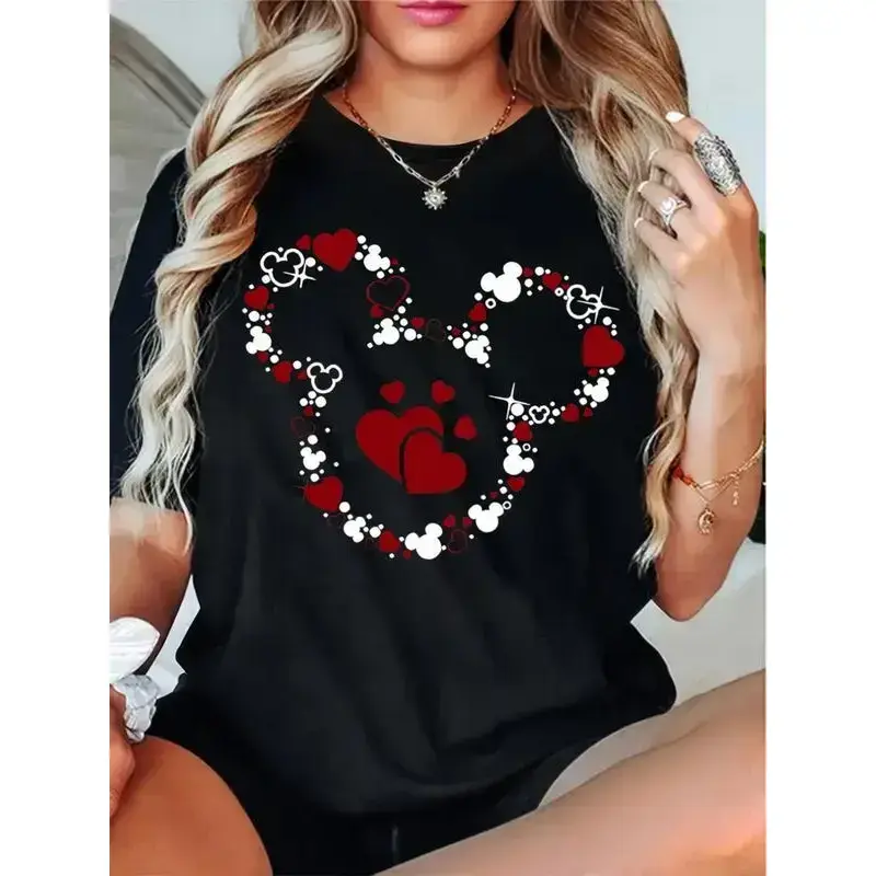 Women's Black Graphic Print T-Shirt with Heart and Mickey Mouse Inspired Design Casual Crewneck Shortsleeve Tee for Stylish Comfort and Trendy Everyday Wear Perfect Gift Idea Womenswear Tshirt Top Streetwear Top Streetwear Summer Fitted