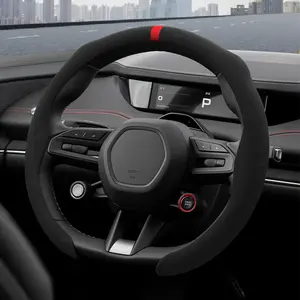 Car 5D steering wheel cover, suede/faux leather style, non-slip, sweat-absorbing, high-end, personalized, sporty, universal steering wheel cover, suitable for 14.5-15 inch vehicles, interior accessories for pickup trucks, sedans, vans, and SUVs, black. ou