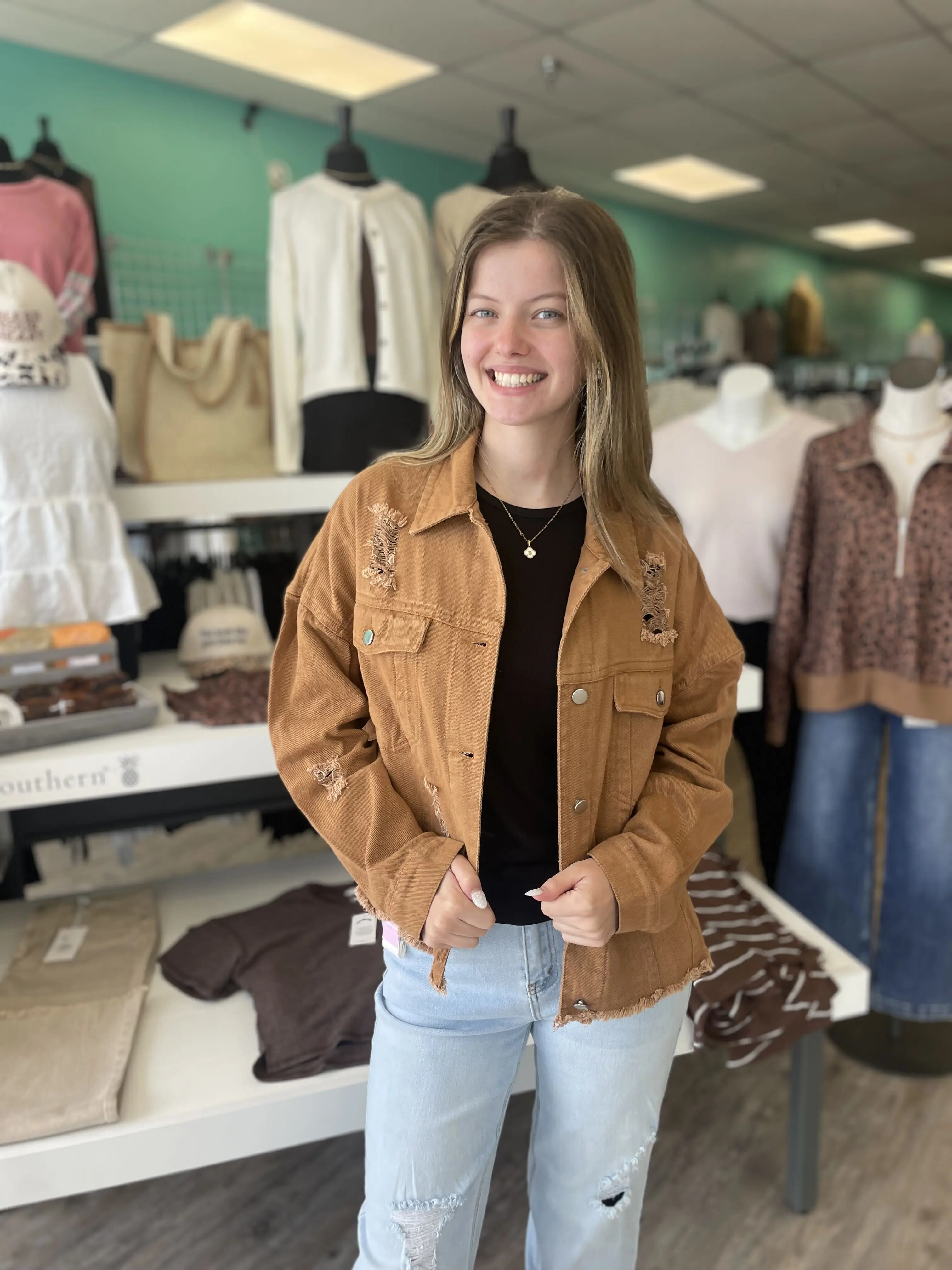 Women’s Camel Distressed Denim Jacket – Oversized Button Up Jean Jacket