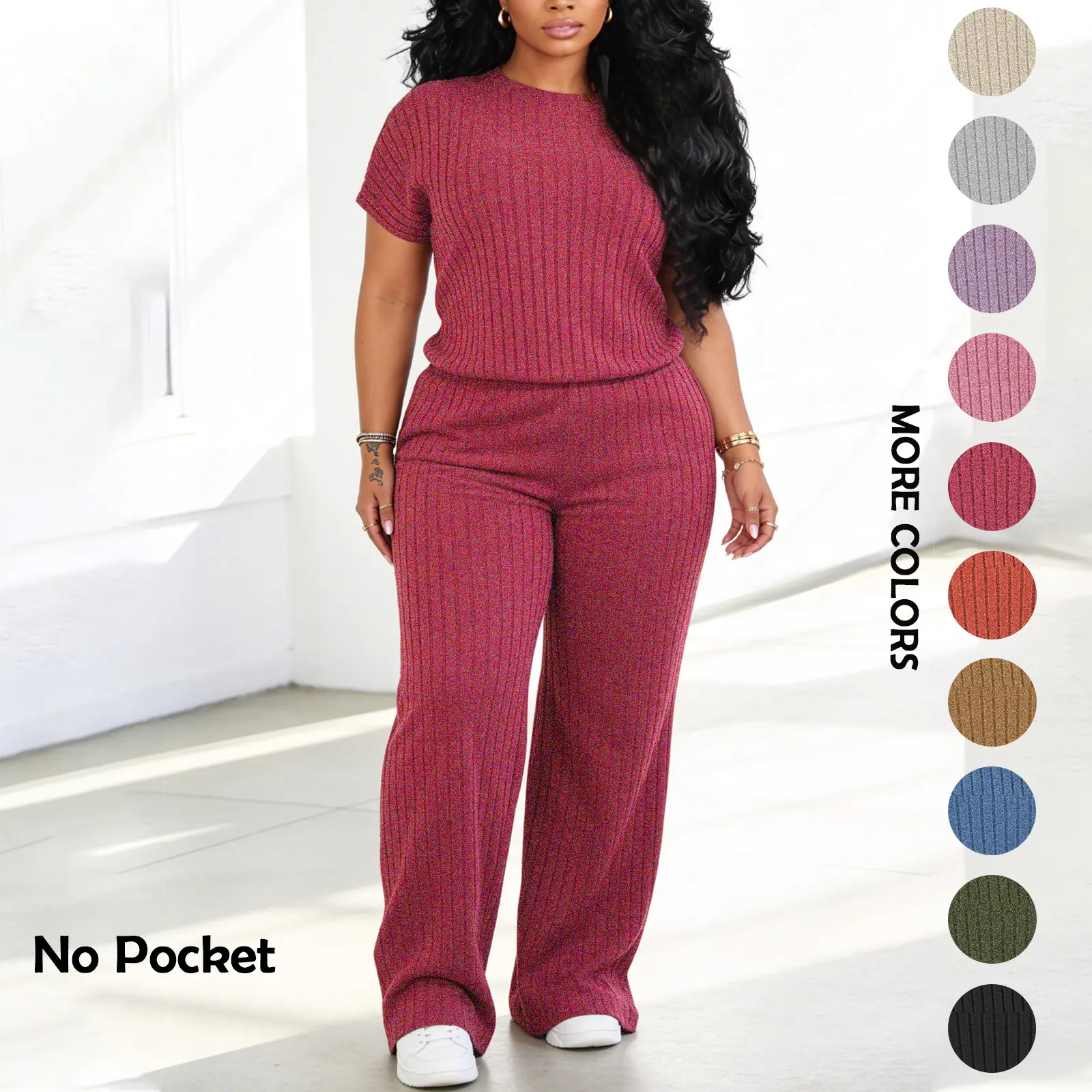 Women's 2-Piece Matching Set - Solid Brushed Ribbed Crew Neck Batwing Short Sleeve Fitted Top & Wide Leg Pants, Minimalist Cozy Soft Loungewear Tracksuit for Casual Daily Outdoor Use (Spring Autumn), Women's Clothes, 2 Piece Sets Shirred Set Beige