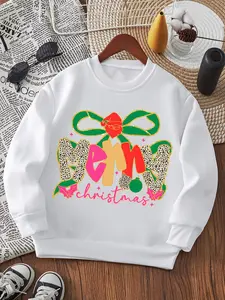 Girls' Fall Winter Long Sleeve Round Neck Sweatshirt, Christmas Bow Letter Print Fleece Lined Casual Kids Clothing
