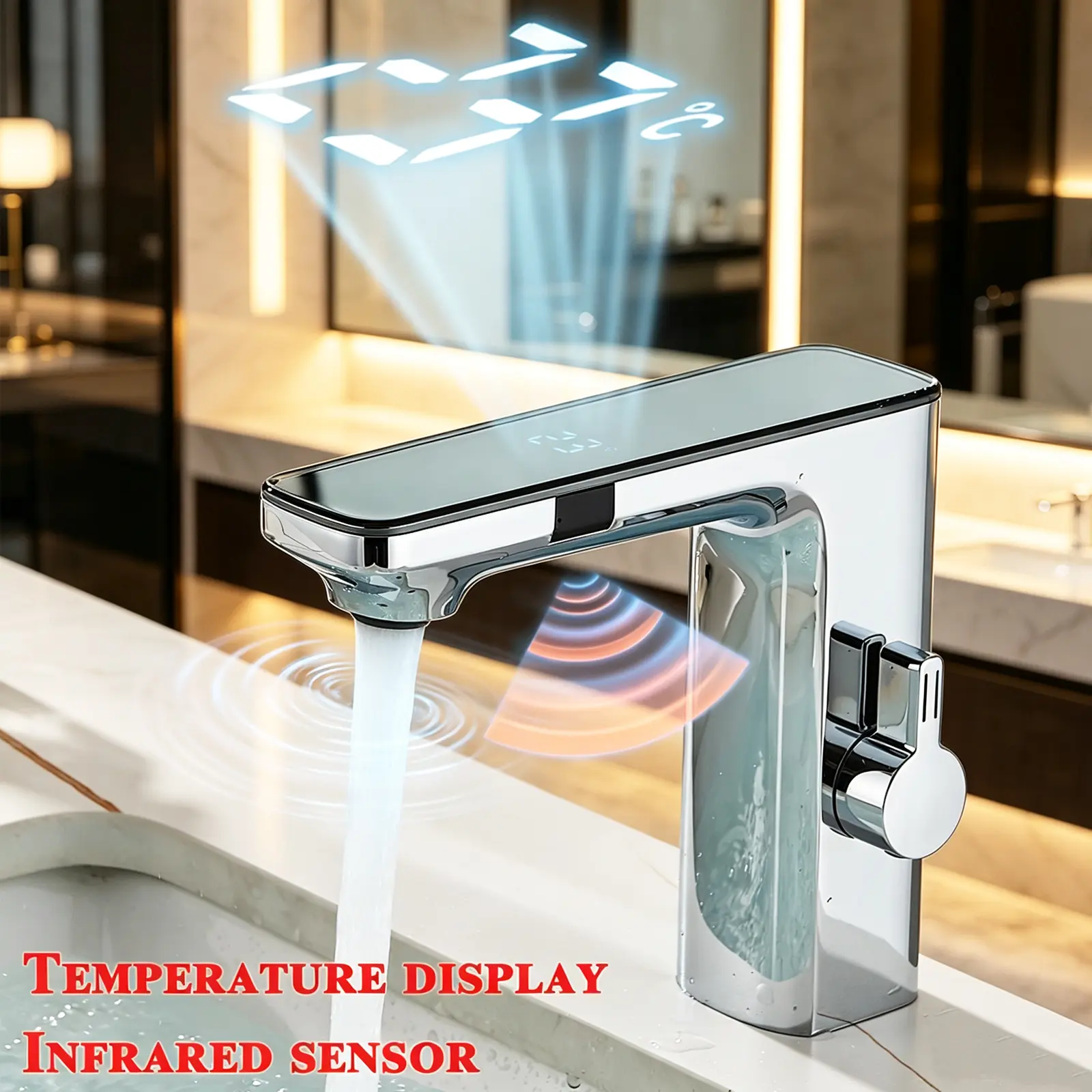 Automatic Touchless Bathroom Sink Faucet Motion Activated Sensor Hands Free Auto Off 1 Hole Commercial Infrared Brass Basin Faucets Adjustable Cold Hot Single Handle Water Mixer, Temperature Display, Chrome
