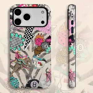 Retro Western Y2K Phone Case, Cowboy Cheetah Pattern, Checkered 8-Ball Dice Graphic, Maximalist Trendy Cover