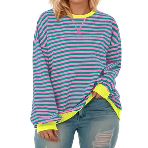 Womens Plus Size Oversized Sweatshirts Casual Crewneck Long Sleeve Striped Colorblock Shirts Pullover Sweaters XL-5XL