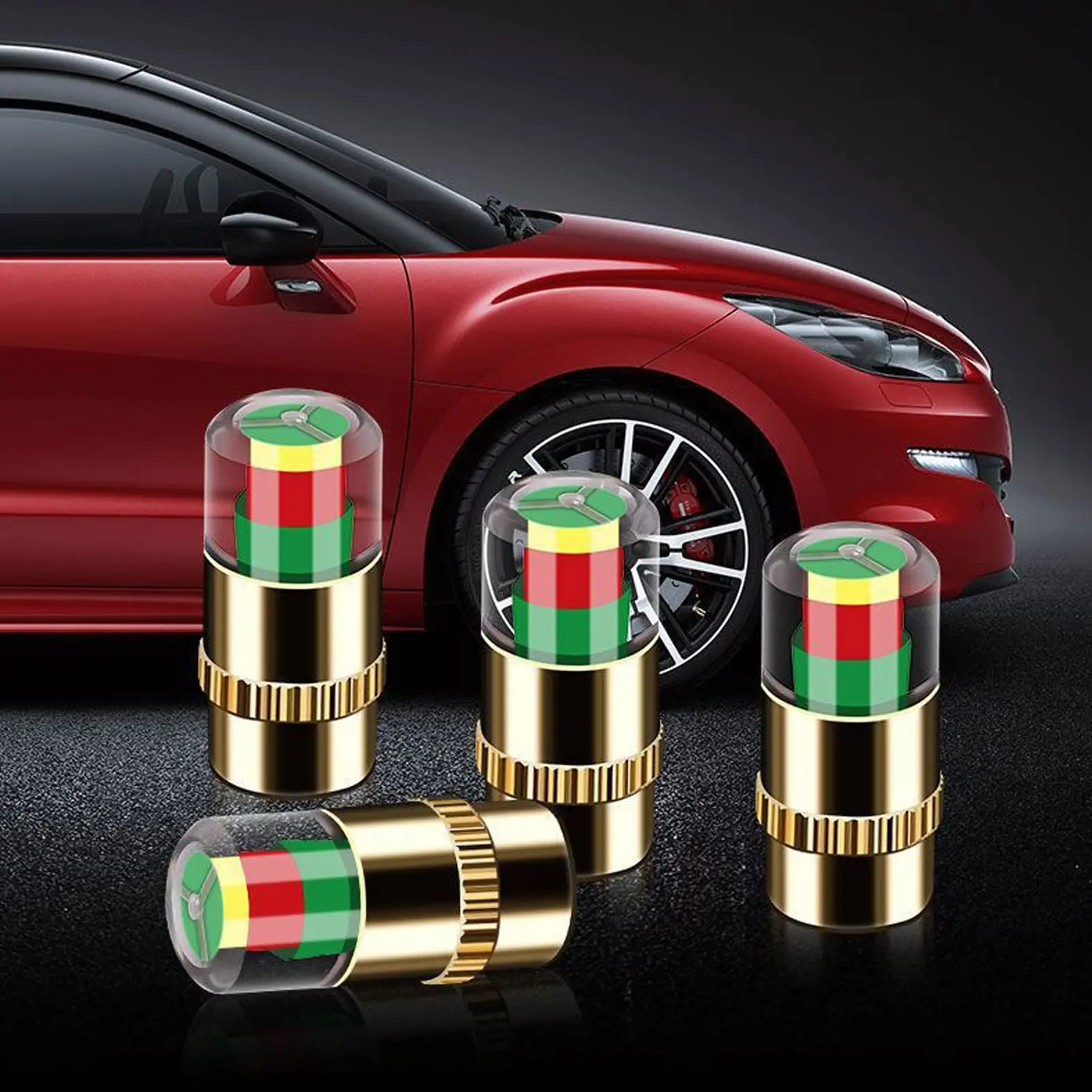 Golden Tire Pressure Monitor Valve Stem Cover with Tyre Sensor Indicator for Car Motorcycle Bike Easy Installation Durable Plastic 4Pcs