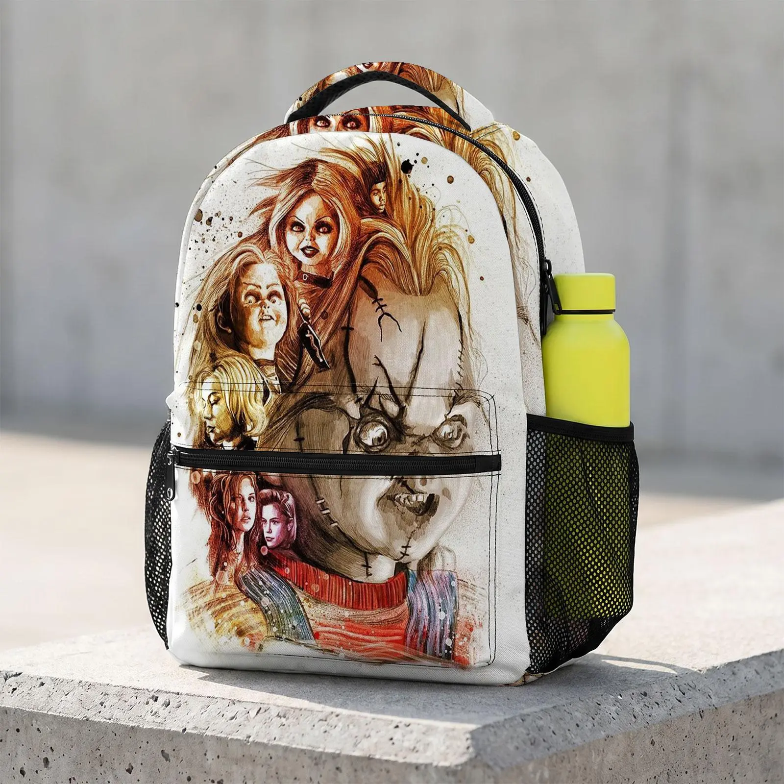 Bride-Of-Chucky Cute Cartoon School Backpack, 17-in Unisex Large Size Kawaii Print Bookbag, Kids Teens Travel Daypack with Water Bottle Holder