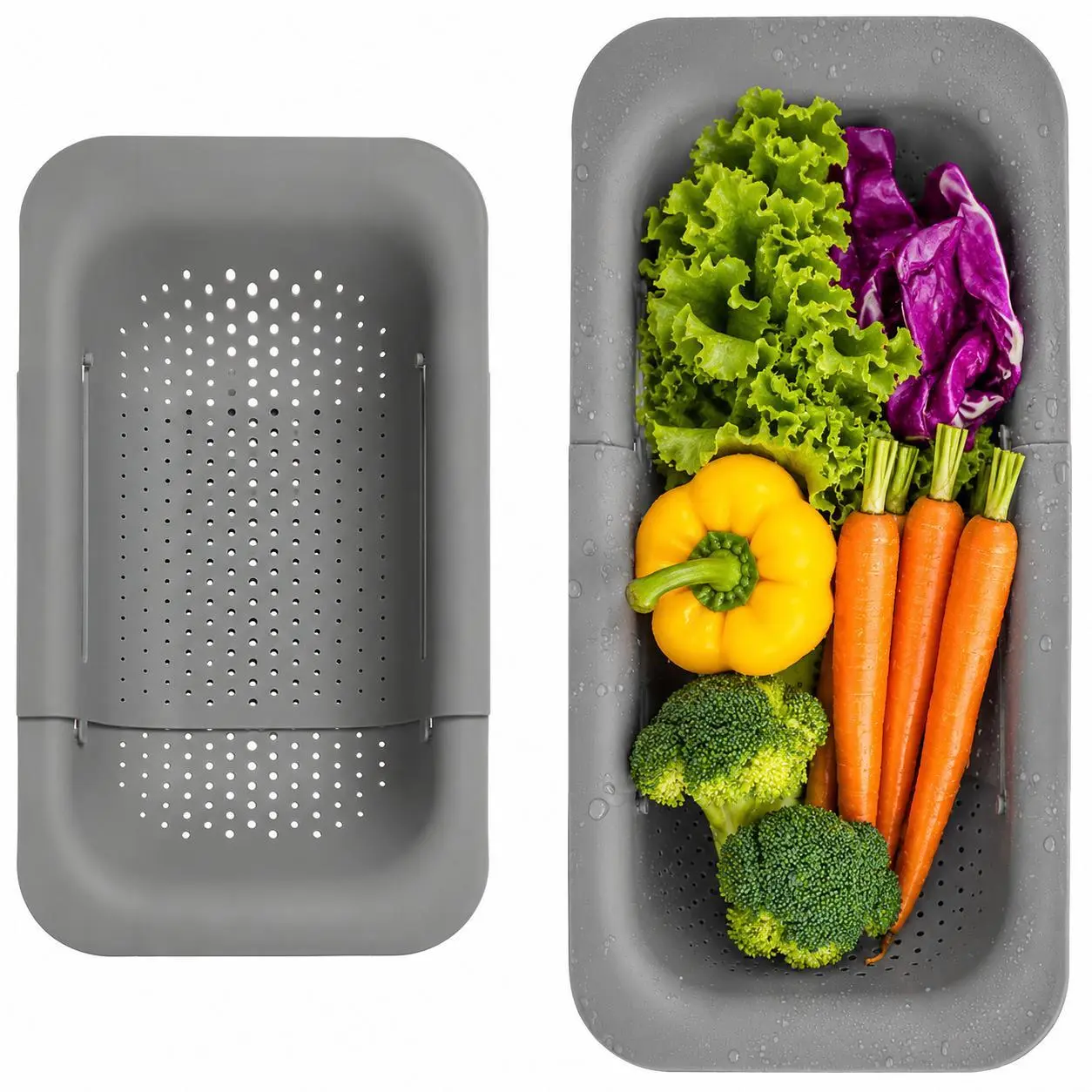 Over the Sink Expandable Colander Strainer Basket, Adjustable Kitchen Sink Drain Basket with Extendable Handles, Vegetable & Fruit Washing Basket for Draining Pasta and Food, Space Saving Kitchen Tool, Fits Most Sinks, PP Plastic