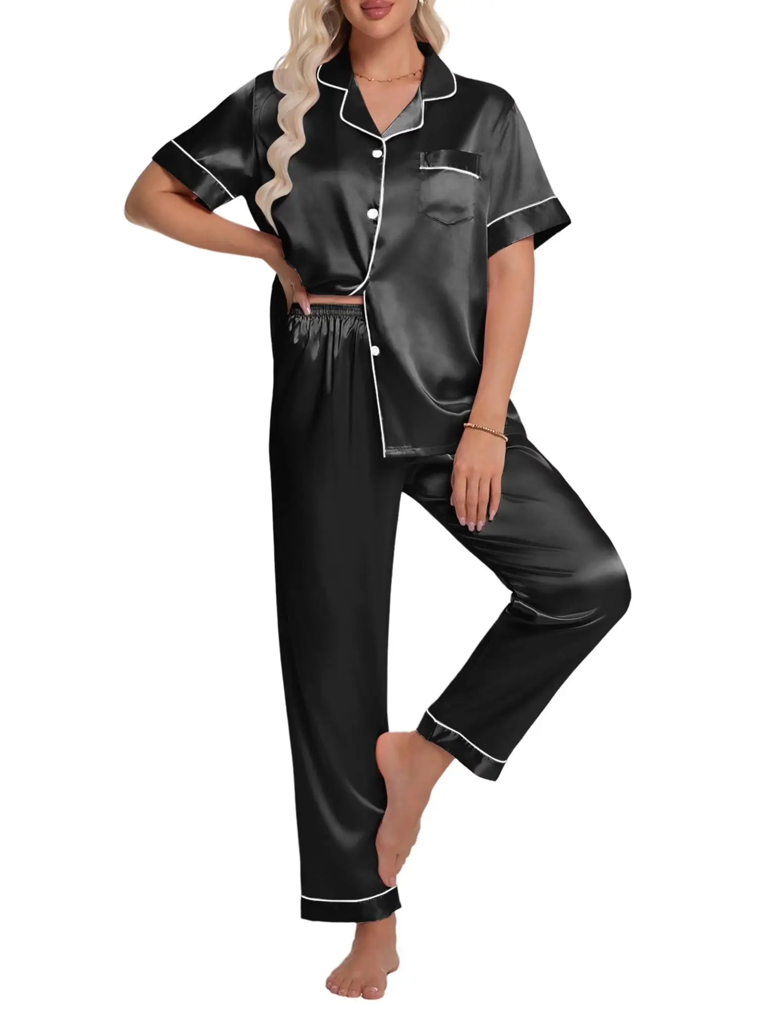 DAKIMOE Women's Silk Satin 2-Piece Short Sleeve Button Down Pajama Set with Long Elastic Bottom Pants, Spandex-Blend Soft Loungewear for Mom - Birthday/Party Costume Gift for Daughter
