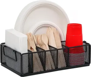 Paper Plate Dispenser with Handle, Metal Paper Plate Holders for Kitchen Counter, Utensil Holder Organizer with 6 Compartments, Silverware Holder  for Cup Fork Spoon Napkin Party Camping