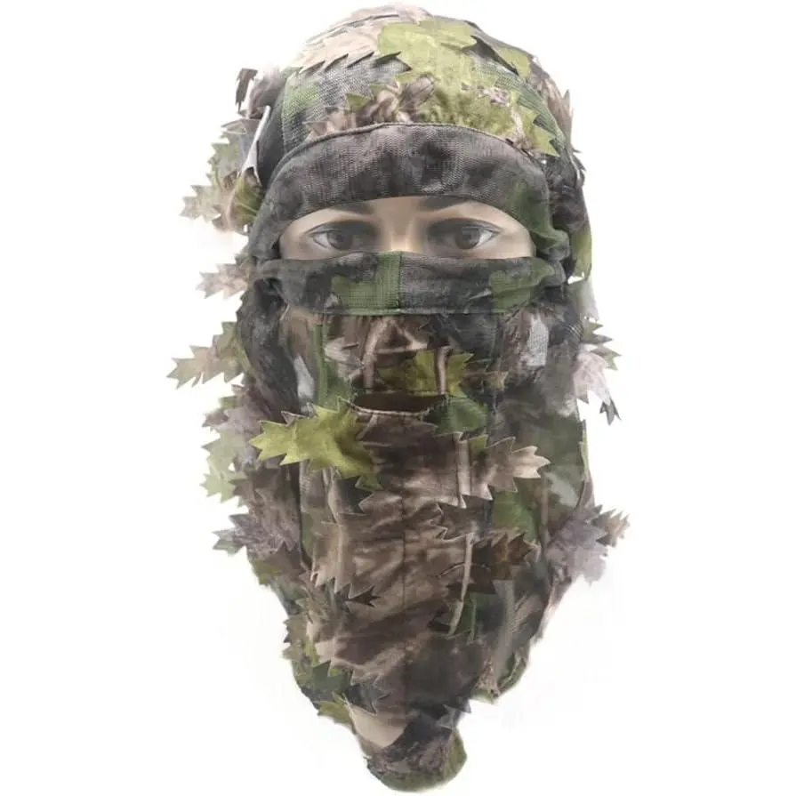 3D Ghillie Camouflage Leafy Hat with Full Face Mask Headwear, Adjustable Elastic Band, Hunting Accessories for Hunters, Paintball, Wildlife Photography