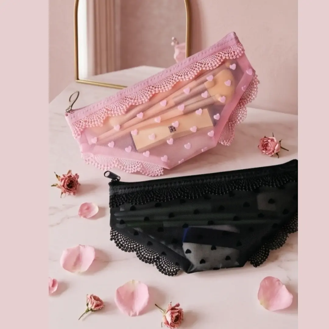 Cute Panty-Shaped pouch, Lace Heart Clear Mesh Cosmetic Pouch, Portable Travel Makeup Bag & Multi-Use Stationery Storage Case