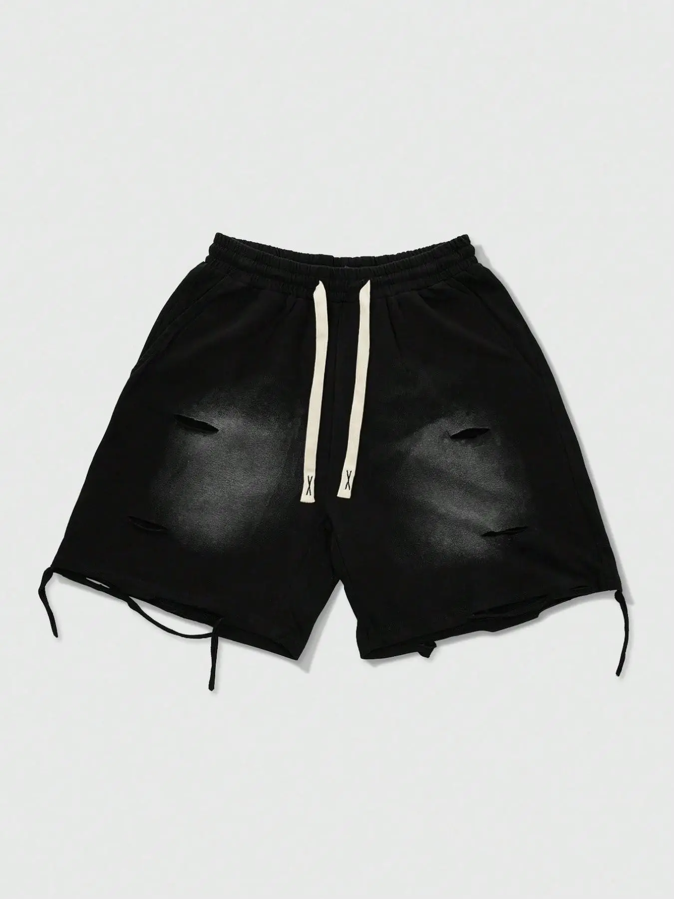 Unisex design, urban minimalist style, vintage-inspired distressed wash shorts with drawstrings and frayed edges. Perfect for casual wear, stylish, simple, versatile, suitable for hip-hop, rock, campus, and sports activities.