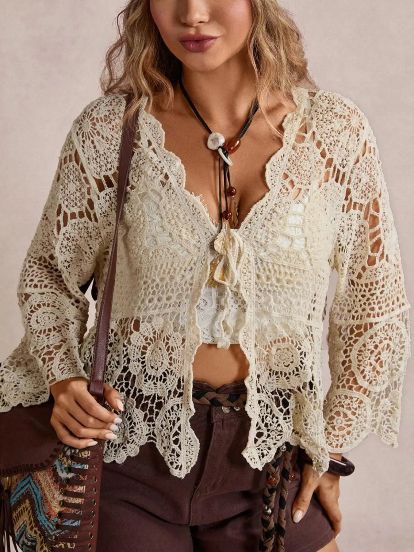 Boho Style Aesthetic Women's Cardigan, Long Sleeve V-Neck Lace Knit Design, Lightweight, Casual, Bohemian Spring Summer Beach Party, Music Festival Pool Party Knitwear