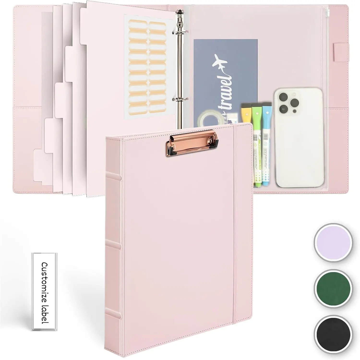 Hardcover 3 Ring 1 inch Leather Binder, Letter Size Binder Dividers with Tabs, PVC Zipper Pouch, Professional Binder Organizer, Faux Rose Pink Leather