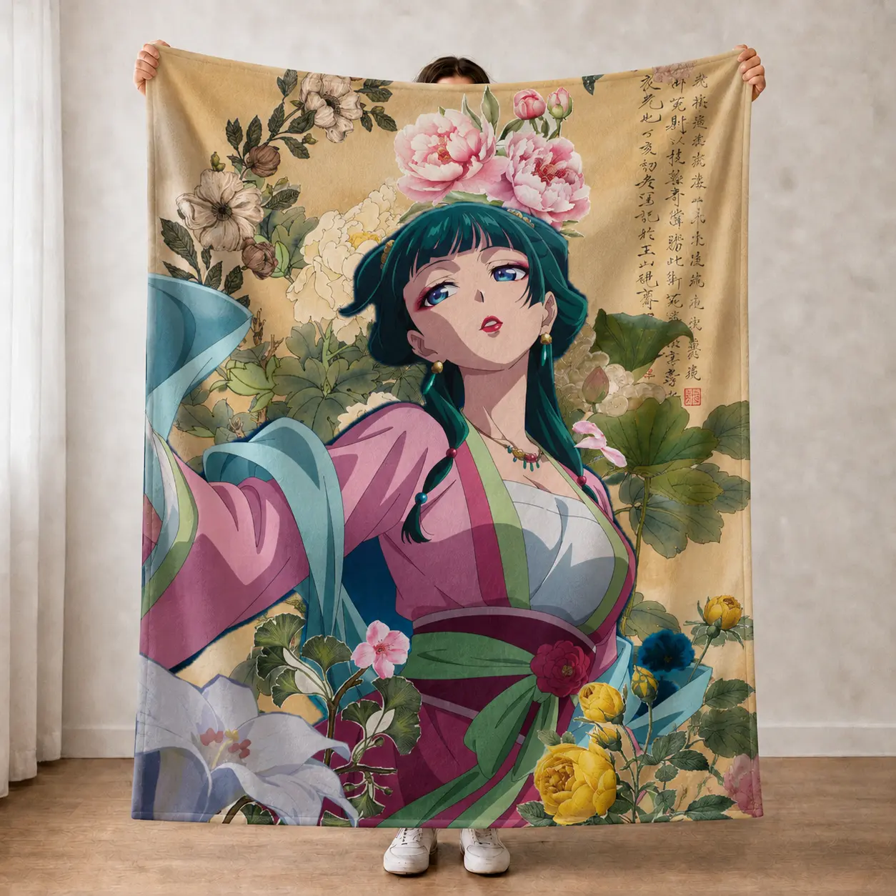 Anime Style Throw Blanket, Kawaii Floral Manga Girl Fleece Blanket, Soft Cozy Blanket Gift for Anime Lover