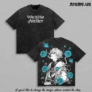 Qifrey Blue Rose Witch Hat Atelier Anime Shirt Vintage Washed Heavyweight Cotton Oversized Fantasy Manga Graphic Tee Unisex