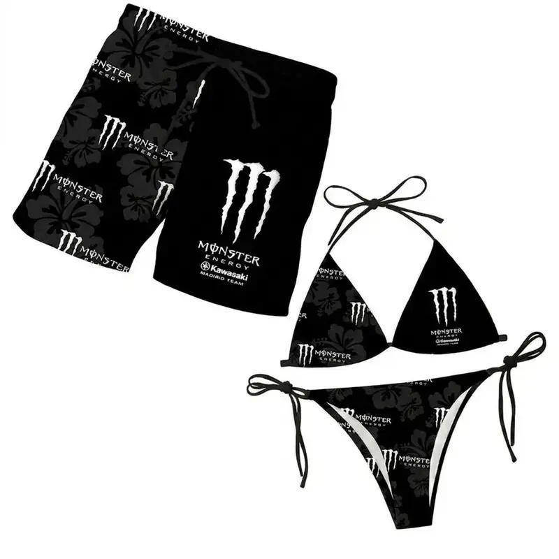 Couples' Monster Energy Inspired Swimwear Set - Women's Floral Bikini, Men's Beach Shorts, Tropical Hawaiian Summer Vacation Pool Party Outfit