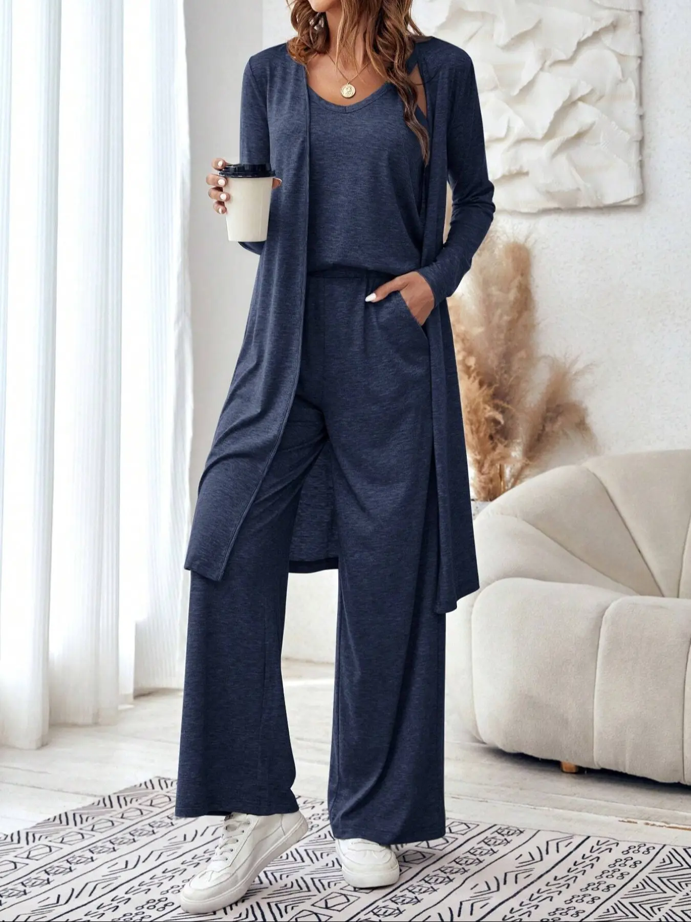 Minimalist Comfort Basic Three-Piece Set, Casual Lounge Sets, Long Cardigan + Tank Top + High Waist Wide Leg Pants, Soft Skin-Friendly Casual Home/wear Womenswear, Long Sleeve