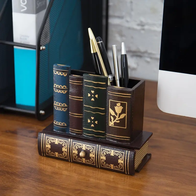 Vintage Library Desk Organizer Tidy - ABS Resin Tray with Pen Holder & Storage Drawer, Table Organizers, Aesthetic Desk Accessories, Antique Book Design Decor Ornament, Stationery Rack for Workspace & Library Decor
