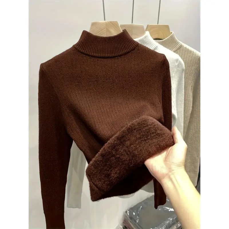 SolidColorKnitPullover,CasualMockNeckLongSleeveTopForFall&Winter,Women'sClothingFabricKnitwearfallsweaterssweaterswomen Womenswear Knitting