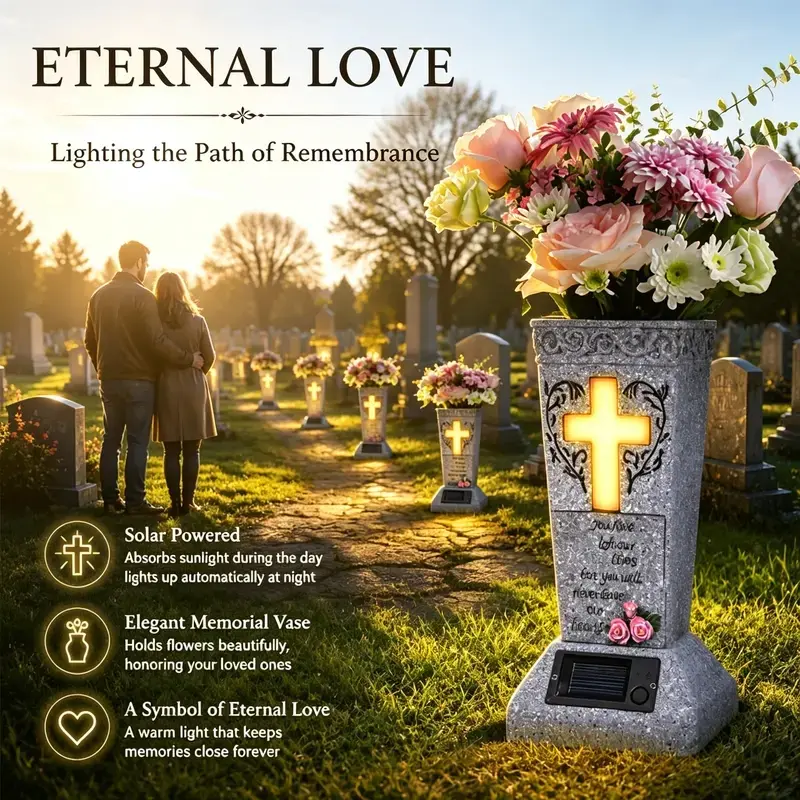 Bronze Solar-Powered LED Plastic Memorial Grave Vase with Ground Spike, Weatherproof Flower Arrangement Vase, Outdoor Decoration for Fresh/Synthetic Flowers, Cemetery Tribute Gift