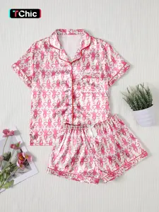 Women's Full Print Top and Shorts Sleepwear Set, Cute Loungewear, Comfortable Homeewear, Casual Fitted Style, Spring & Fall Season, Cartoon Pattern
