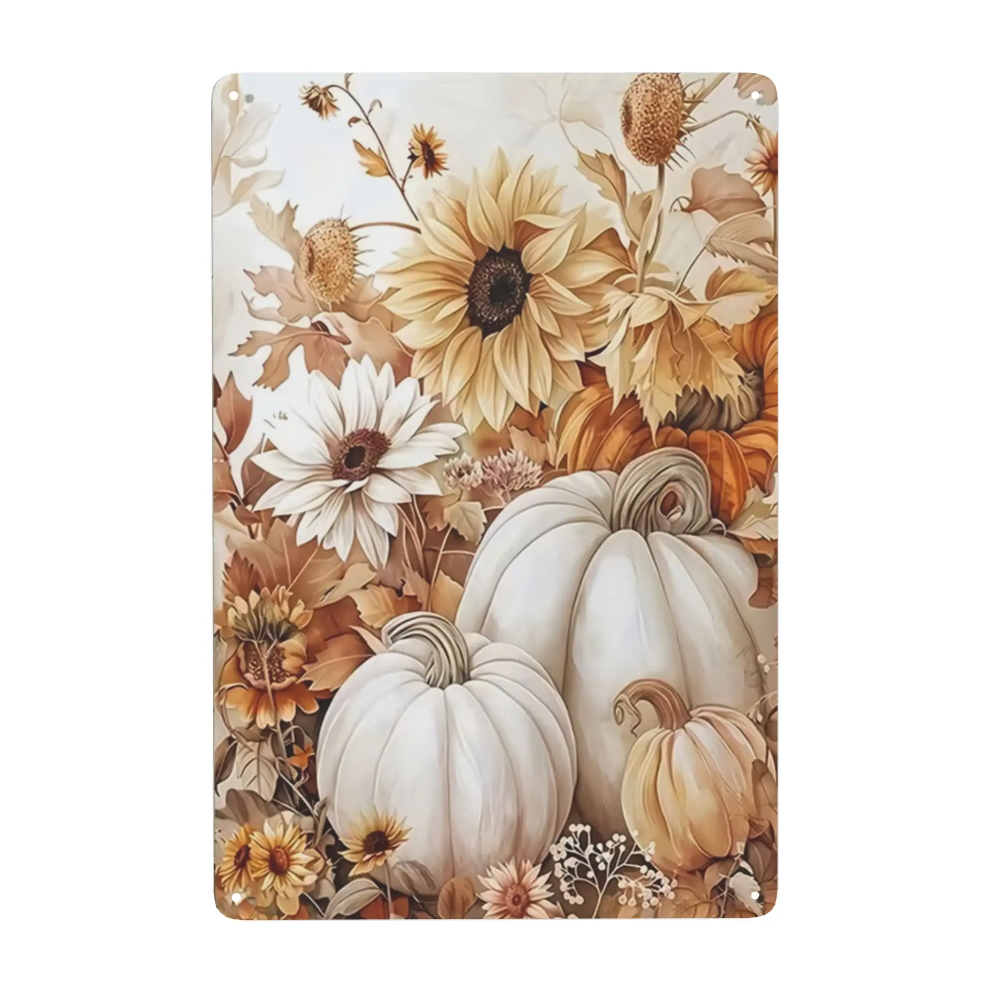 Retro Soft Oil Painting Neutral White Pumpkin Sunflower Autumn Foliage Aged Cream Iron Wall Sign, Vintage Muted Fall Botanical Tin Plaque, Warm Neutral Harvest Wall Decor Gift For Gardeners Women Housewarming Thanksgiving Birthday Halloween