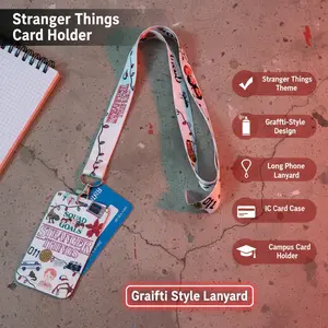 Stranger Things TV Series Themed Student Card Holder with Long Phone Lanyard IC Card Case Graffiti-style Slide Card Sleeve for Meal Bus ID Access Campus Cards