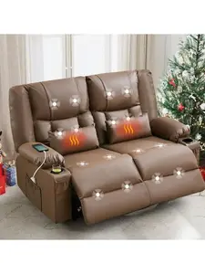Oversized Manual Recliner Loveseat Room Furniture - Massage & Lumbar Heating, Built-in Cup Holders, 2 USB Charging Ports, 2-Seat Reclining Sofa for Living Room (Brown)