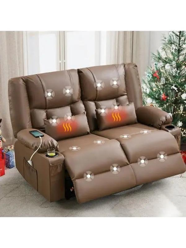 Oversized Manual Recliner Loveseat 2-Seat Living Room Furniture - Massage & Lumbar Heating, Built-in Cup Holders, 2 USB Charging Ports, Adjustable Back Rest, Cushioned, Easy to Use, Ergonomic Seat Cushion (Brown), Adjustable Back Rest Living Room Furnitur