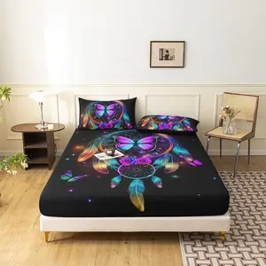 3Pcs Colorful Dreamcatcher Butterfly Print Microfiber Bed Fitted Sheets Sets, Including 1 Count Fitted Sheet & 2 Counts Pillowcase Without Filler, Soft Comfortable Bedding Set For Home Bedroom, Decorative Bedsheet Sets, Breathable Durable Sheets