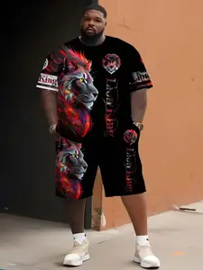 Men's Large Size Lion 3D Print Suit Set, Trendy Round Neck Short Sleeve Shorts Two-Piece Outfit, Casual Summer Comfort Wear