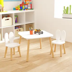 Table and 2 Chairs Set, 3 Pieces Rabbit Themed Toddler Table and Chair Set, Children Wooden Activity Play Table Set Solid Wood Legs (White),Preschool/Children's Desk and Chair Set, Preschool Dining/Learning/Playing/Drawing/Eating/Game Set,Safe, sturdy