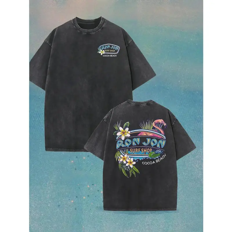 Women's Vintage Washed Cotton T-Shirt - Casual Breathable Short-Sleeve Crew Neck Top, Tropical Flamingo & Surfboard Graphic Print, Dual-Sided Beach Carnival Design, Loose Fit, Machine Washable, for Beach Summer Surfing, Fashion Apparel, Cute Tops