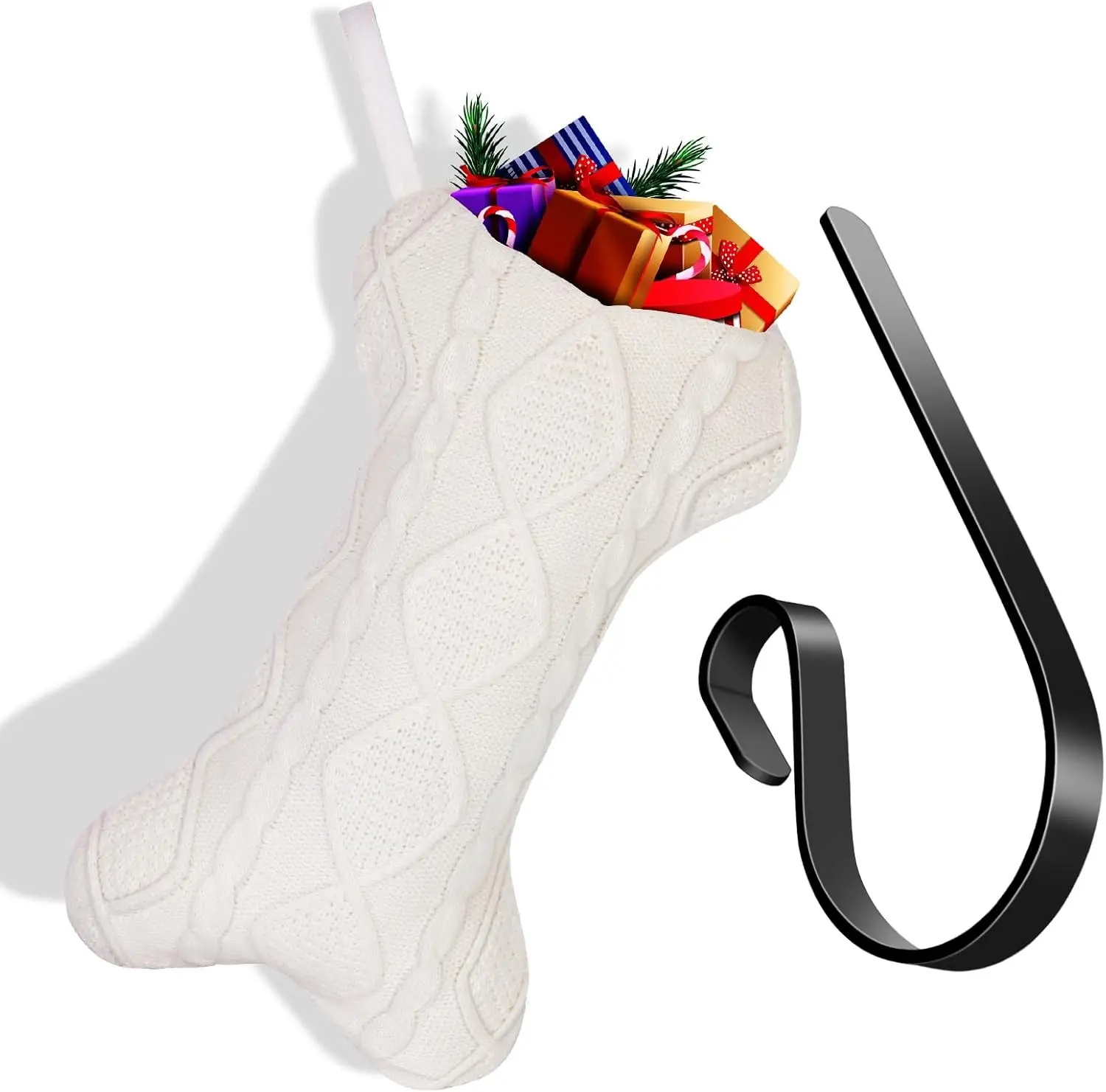 18" Large Bone-Shaped Yarn Fabric Dog Christmas Stocking Set with Mantle Holders, Decorative Hanging Pet Gift for Dogs (Home Supplies Organizer Accessory), Bone Shape