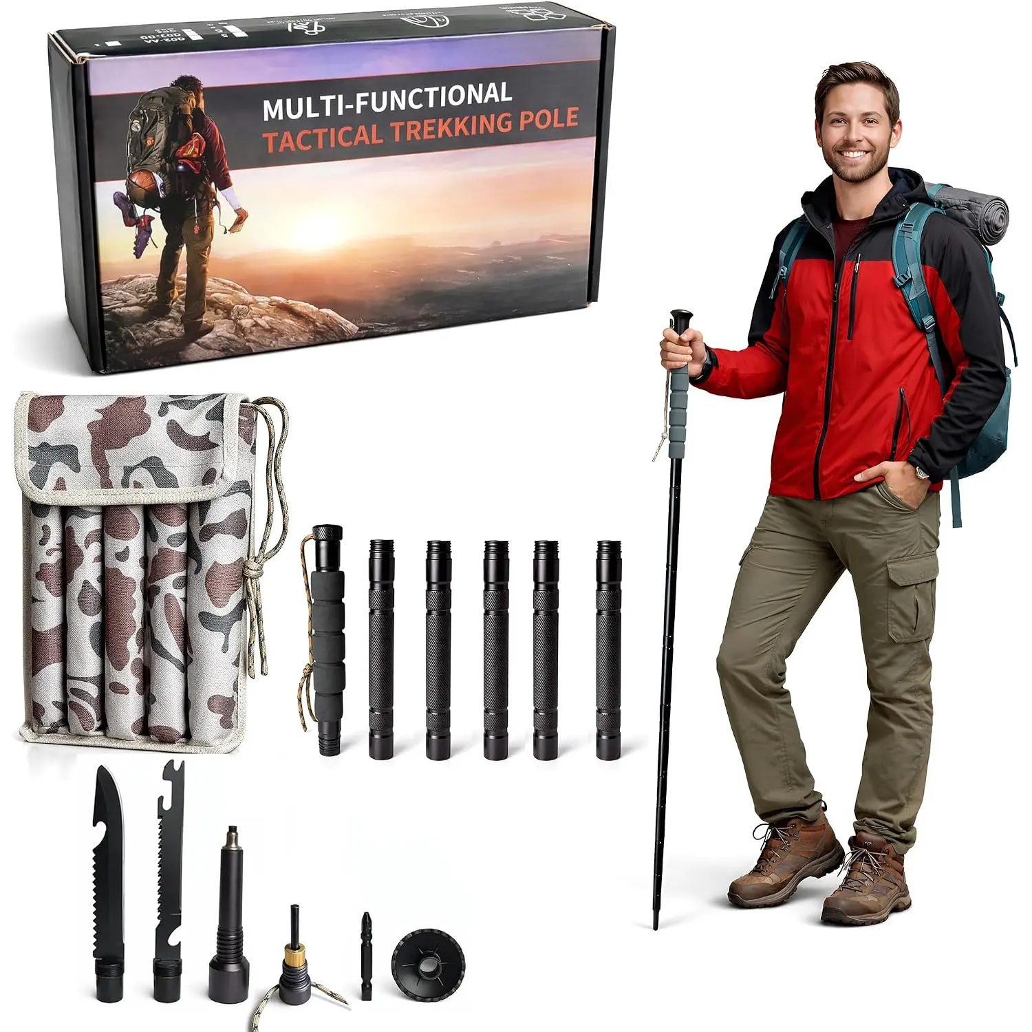 Trekking Poles Hiking Stick with Camping Essentials Kit - Hiking Poles Collapsible Lightweight for Camping, Mountaining -Hiking Backpack Walking Stick with Compass, Bag - Backpacking Essentials