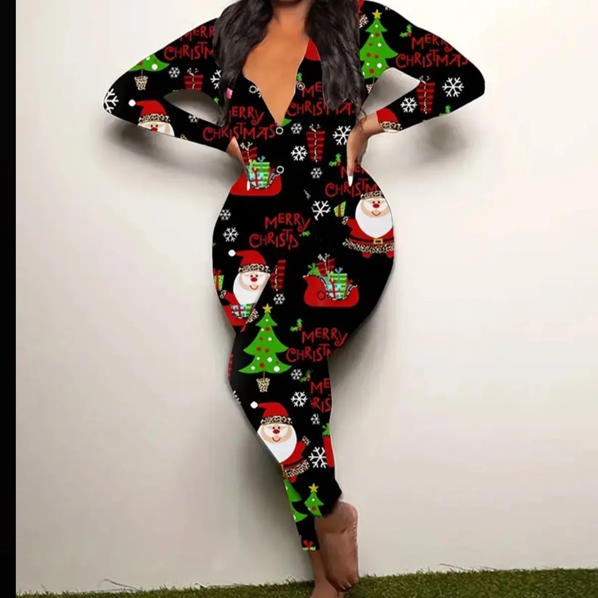 Christmas Print Lounge Romper, Long Sleeve V Neck Buttons Romper, Women's Loungewear & Sleepwear pajama