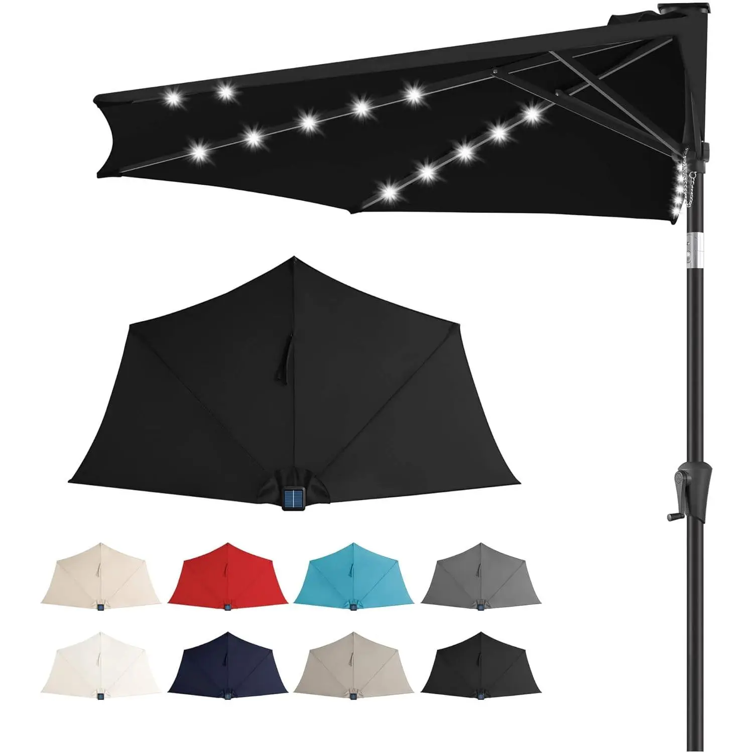 9FT Solar Half Umbrellas Outdoor - LED Half Patio Umbrella with 25 Lights, UV Protection Waterprool, Half Round Umbrella for Wall Balcony, Pool, Porch, Garden, Deck, Backyard, Black