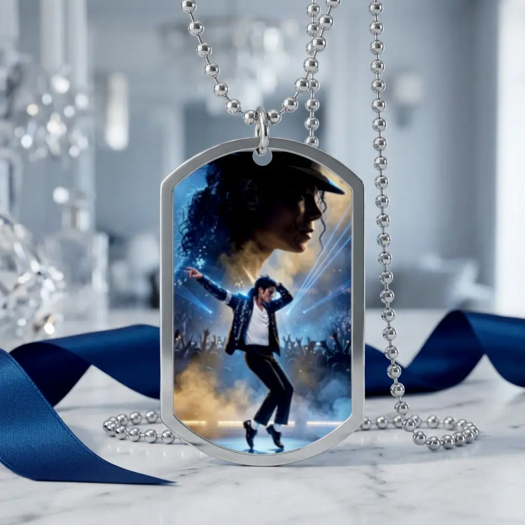 Michael Jackson King of Pop Icon Dog Tag Necklace, Fashion Costume Jewelry Long Chain Accessory